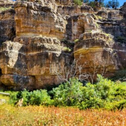 Layered rock formations tower above the vibrant foliage at Jacks Canyon, offering an inviting scene for hikers and nature lovers on a weekend trip from Phoenix.
