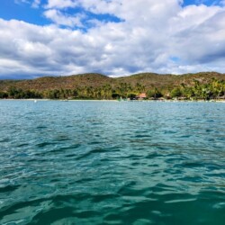 Crystal clear turquoise waters with a scenic view of lush palm trees and rolling hills on the coast, inviting travelers to explore the serene destinations of a Puerto Rico itinerary.