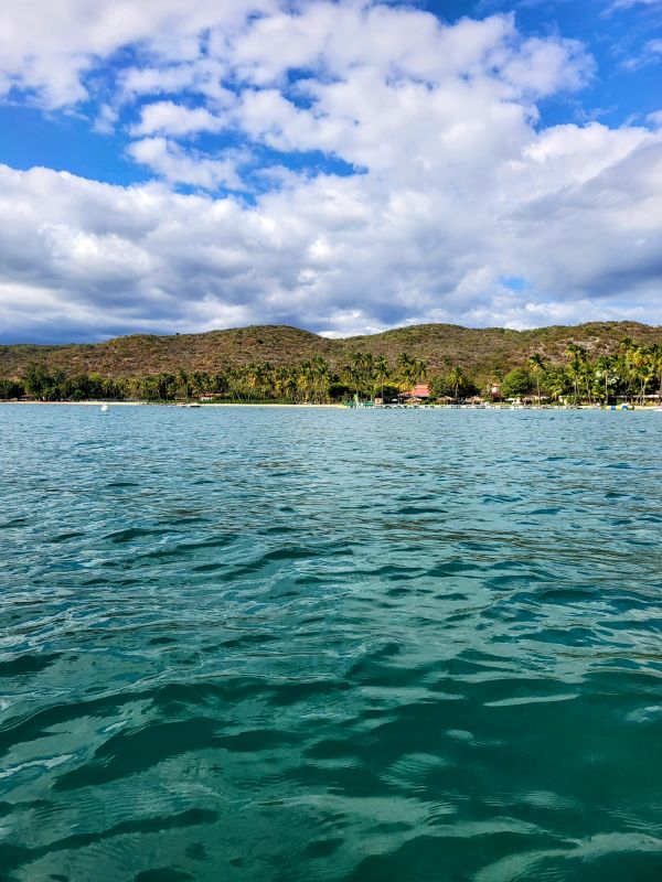 Crystal clear turquoise waters with a scenic view of lush palm trees and rolling hills on the coast, inviting travelers to explore the serene destinations of a Puerto Rico itinerary.