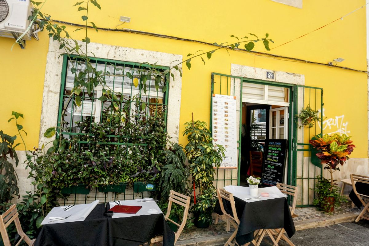 A cozy outdoor dining setup against a bright yellow wall of a quaint Lisbon restaurant, complete with lush greenery and a welcoming open door, a perfect meal stop for a Lisbon itinerary.
