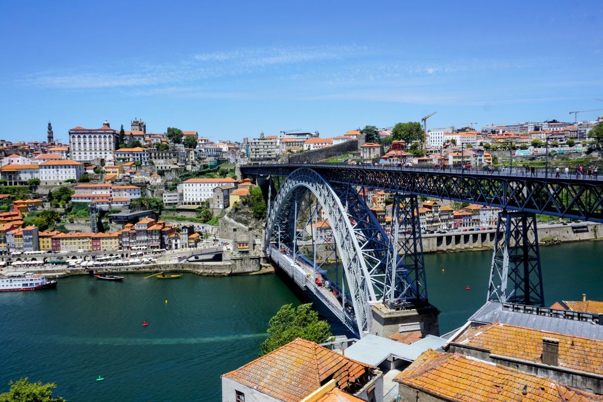 A captivating view of the iconic Dom Luís I Bridge arcing over the Douro River, with the historic Porto skyline rising in the background, under a clear blue sky.