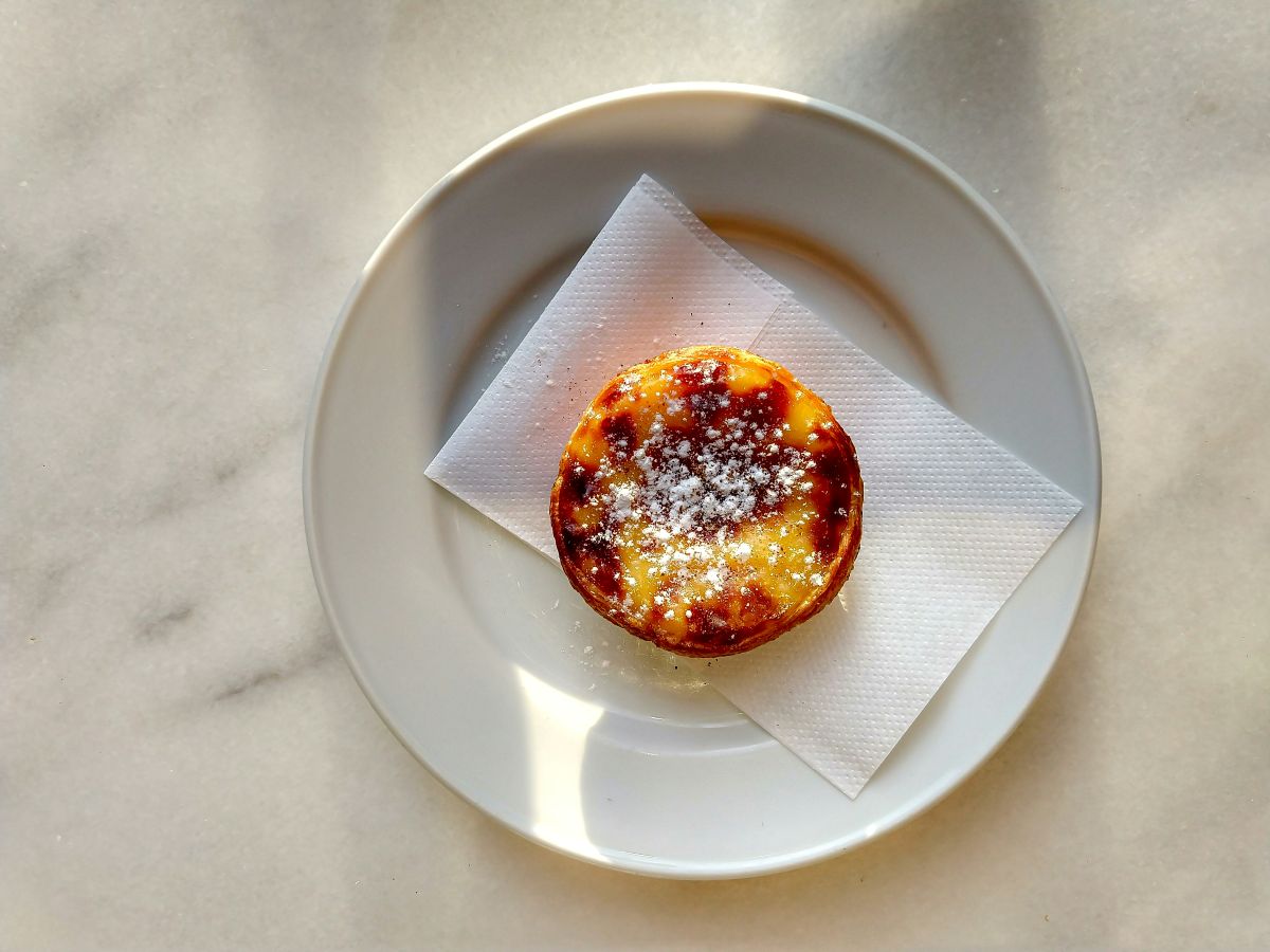 A single Pastel de Nata dusted with powdered sugar sits on a white plate, highlighted by natural sunlight.