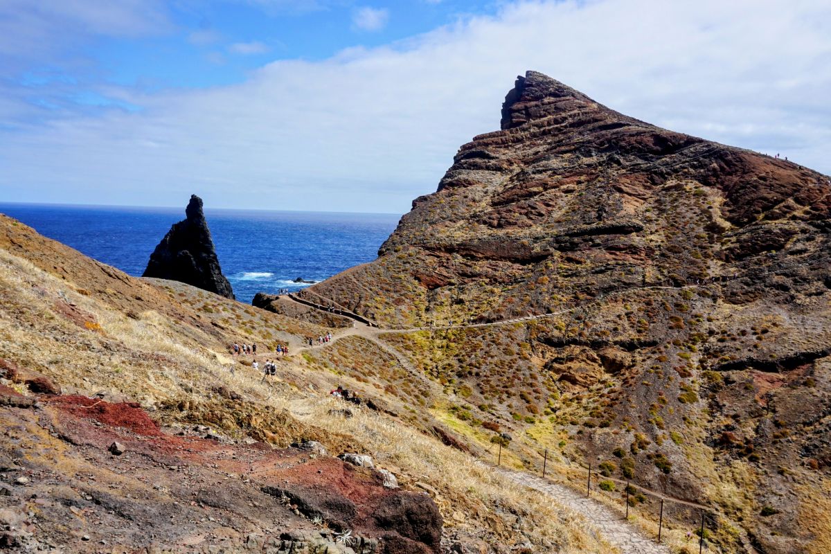 Hikers traverse a scenic trail at São Lourenço, Madeira, with a striking sea stack rising from the ocean and rugged cliffs forming a dramatic backdrop. The varied terrain, from red soil to green shrubs, illustrates the diverse natural beauty encountered on a Madeira itinerary.