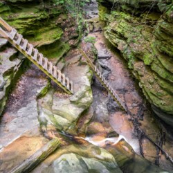 A rustic wooden staircase descends between moss-covered sandstone walls in Turkey Run State Park, a natural escape for Midwest hiking enthusiasts.