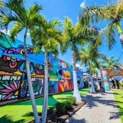 Bright green palm trees set against bright blue skies line a sidewalk in Miami. Colorful art murals and bright green grass are behind the palm trees.